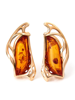 Bông tai trang sức Amber Jewelry bạc 22K đính đá hổ phách màu cognac (illusion) phủ vàng - 710110031