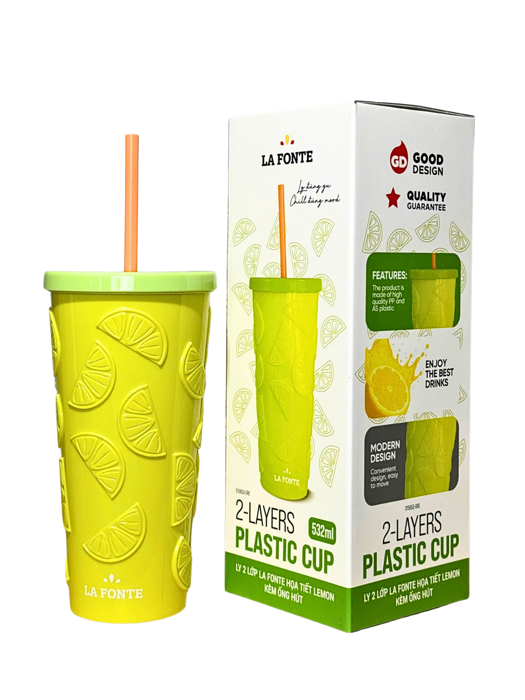 Ly 2 Lớp La Fonte Họa Tiết Lemon Kèm Ống hút-532ML-015653-GRE