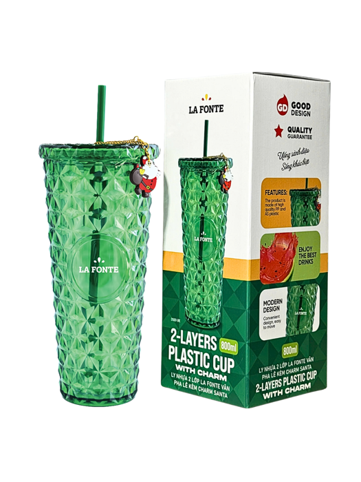 Ly Nhựa 2 lớp La Fonte Vân Pha Lê Kèm Charm Santa-800ML-015691-GRE