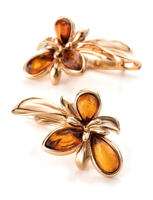 Bông tai trang sức Amber Jewelry bạc đính đá hổ phách màu cognac Cypress 16 phủ vàng - 710110039