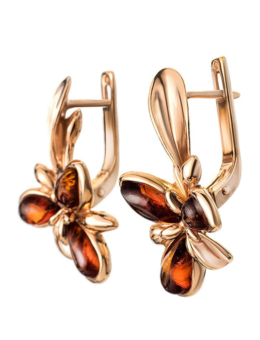 Bông tai trang sức Amber Jewelry bạc đính đá hổ phách màu cognac Cypress 16 phủ vàng - 710110039