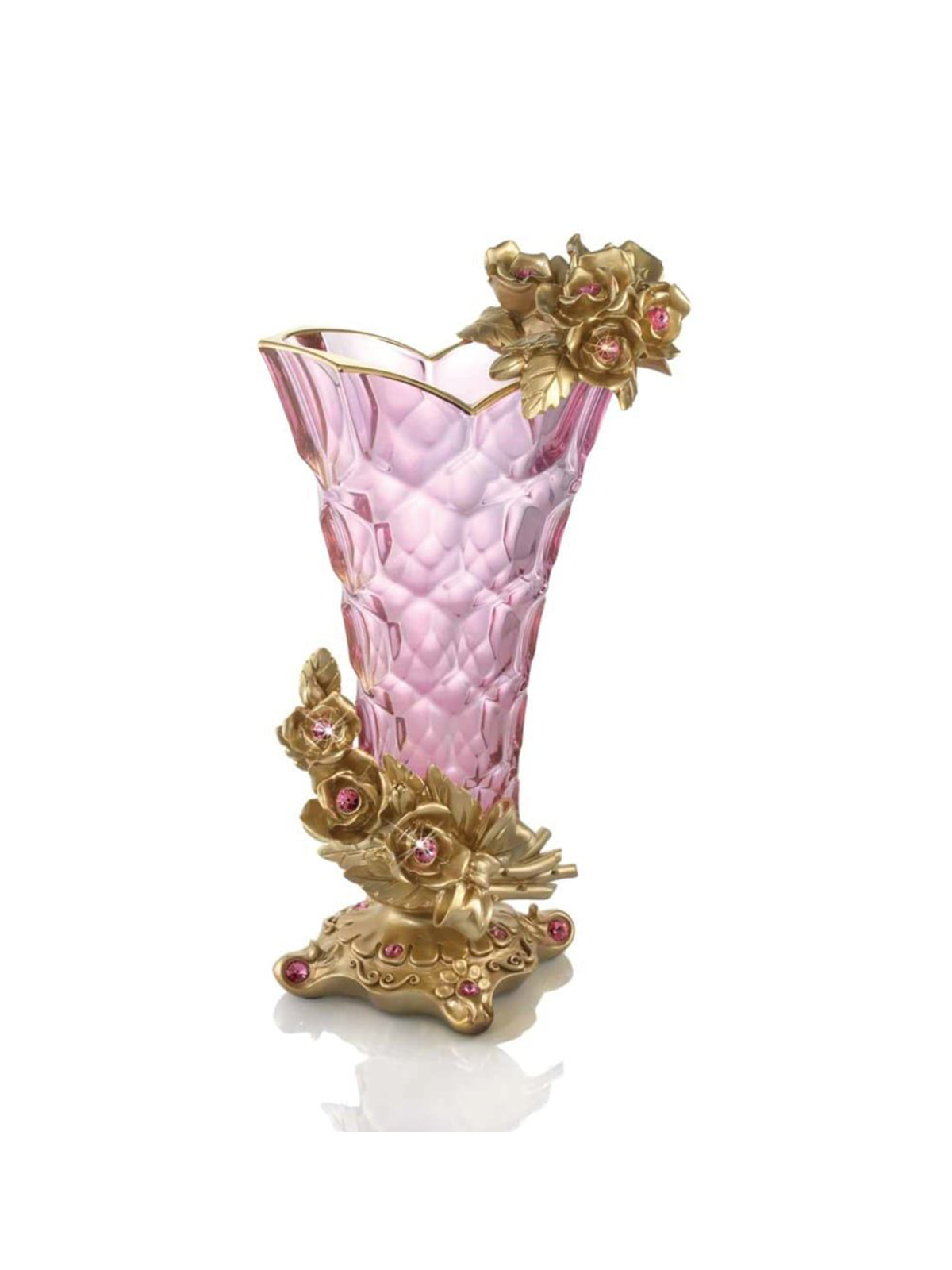 Bình hoa pha lê màu hồng, phủ vàng 24k gắn hoa hồng và kim cương swarovski Cevik 3NT.VHR/141/O