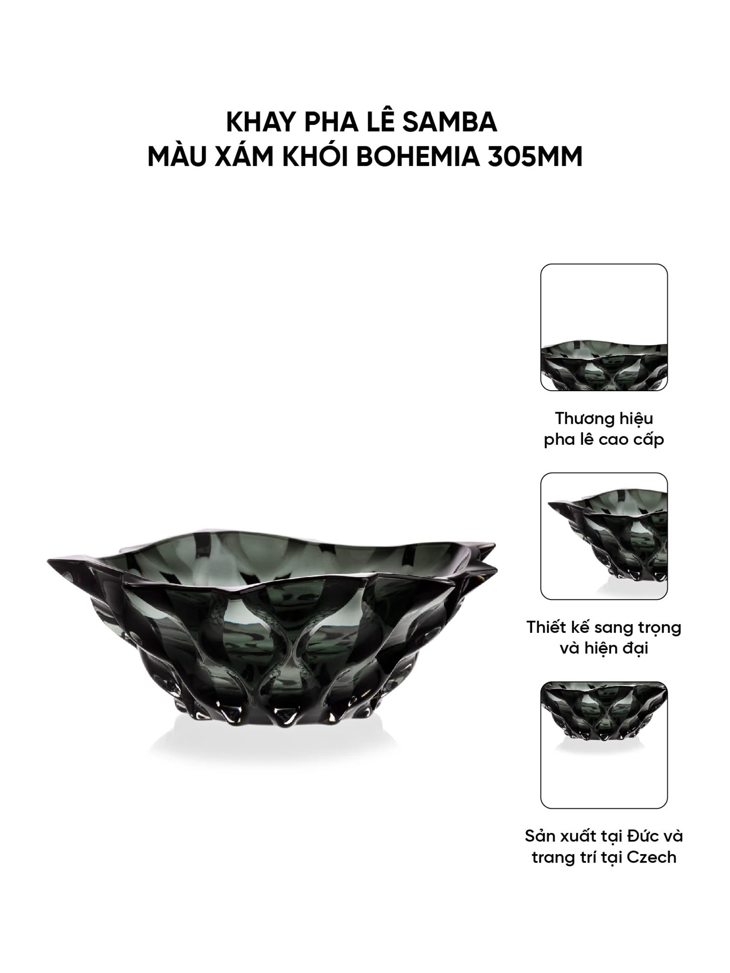 Khay pha lê Samba màu xám khói Bohemia 305mm