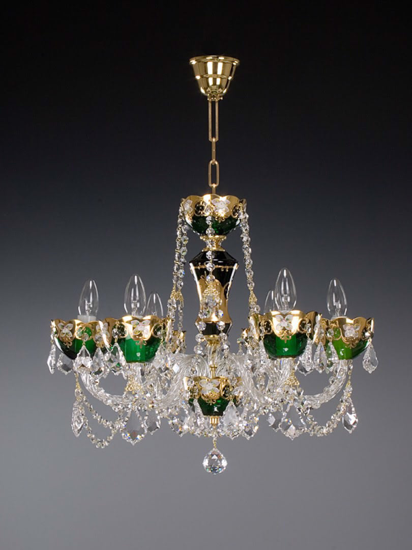 Đèn chùm mạ vàng pha lê xanh gắn kim cương swarovski Tom Bohemia