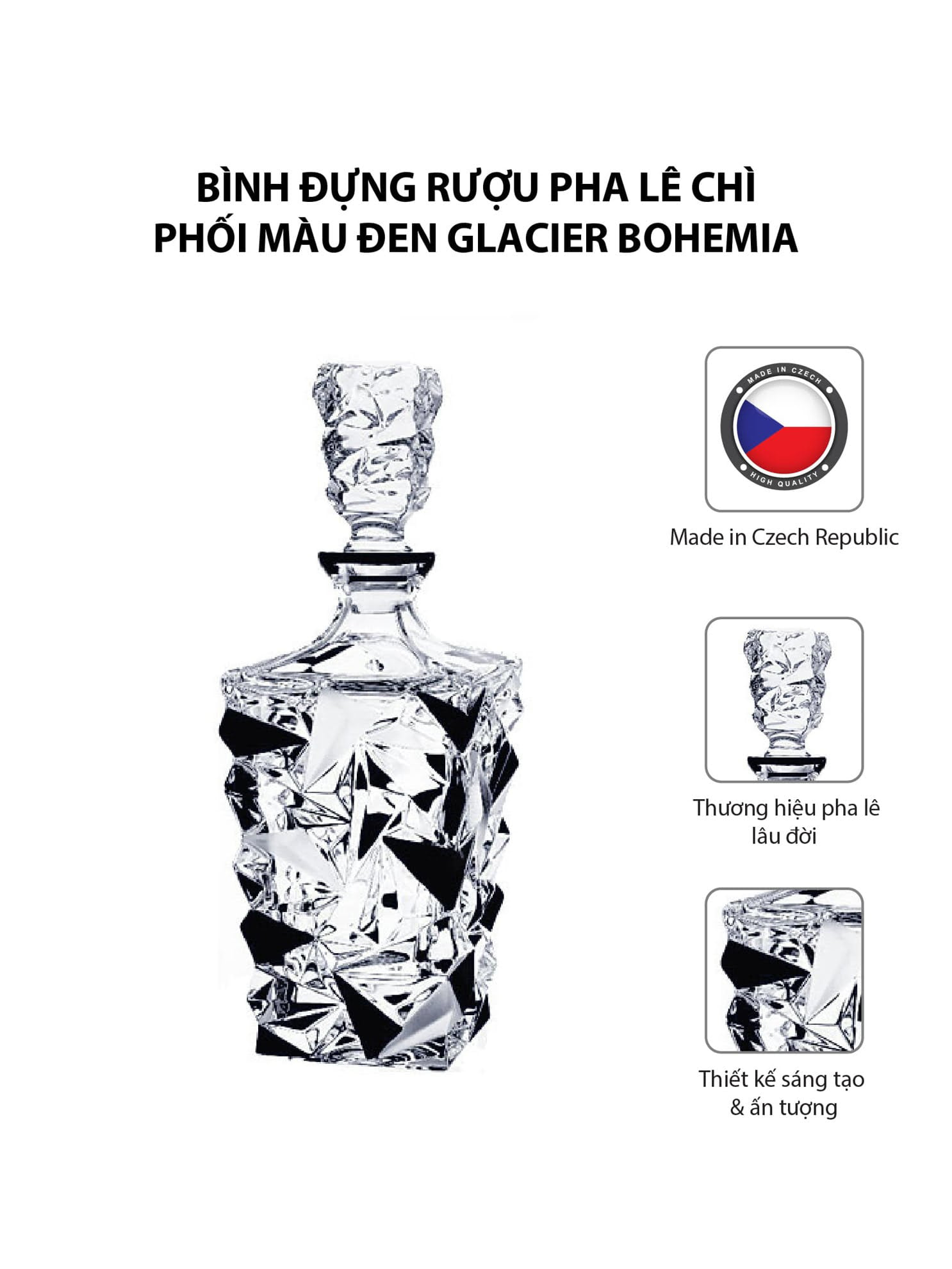 Bình đựng rượu pha lê chì phối màu đen Glacier Bohemia