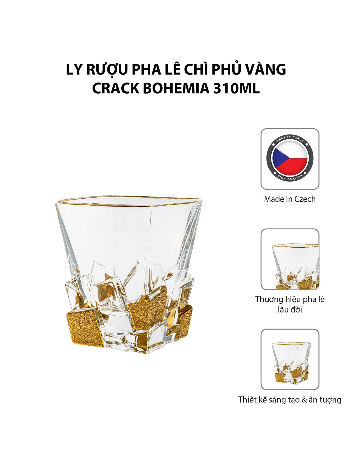 Bộ 6 ly rượu pha lê chì phủ vàng Crack Bohemia 310ml