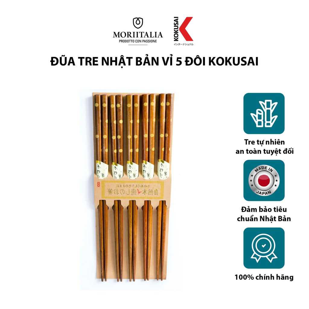Vỉ 5 đôi đũa gỗ Kokusai Nhật Bản an toàn, chất liệu gỗ tự nhiên Moriitalia NDCK-21A