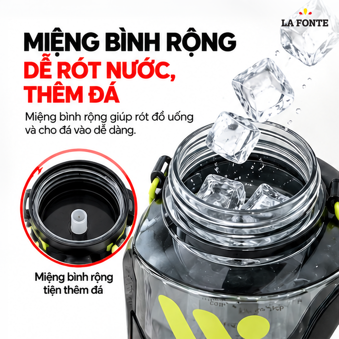 Bình Nước Thể Thao La Fonte 2200 ml Màu Đen – Tay Cầm Kèm Ống Hút