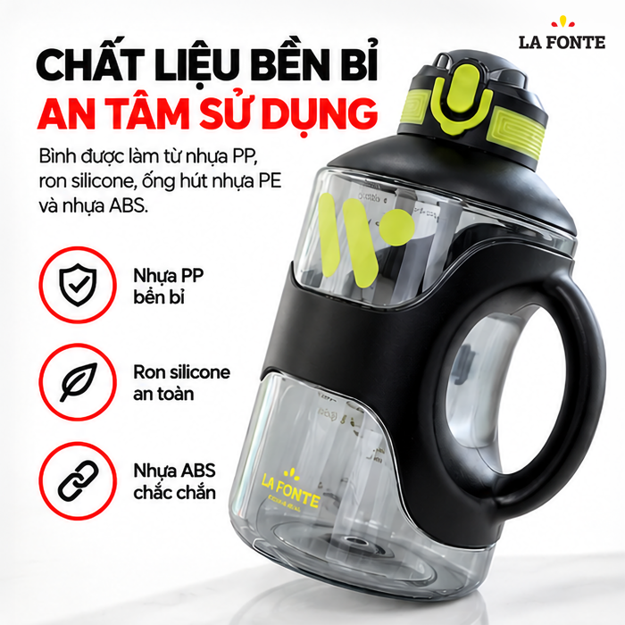 Bình Nước Thể Thao La Fonte 2200 ml Màu Đen – Tay Cầm Kèm Ống Hút