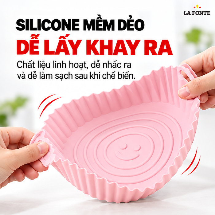 Khay Silicone La Fonte Dùng Cho Nồi Chiên Không Dầu, Hình Tròn (20 x 17 x 6.5 cm), Màu Hồng – Chống Dính Chịu Nhiệt