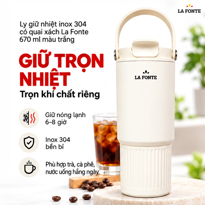 Ly Giữ Nhiệt 670ml Inox 304 Có Quai Xách La Fonte Màu Trắng