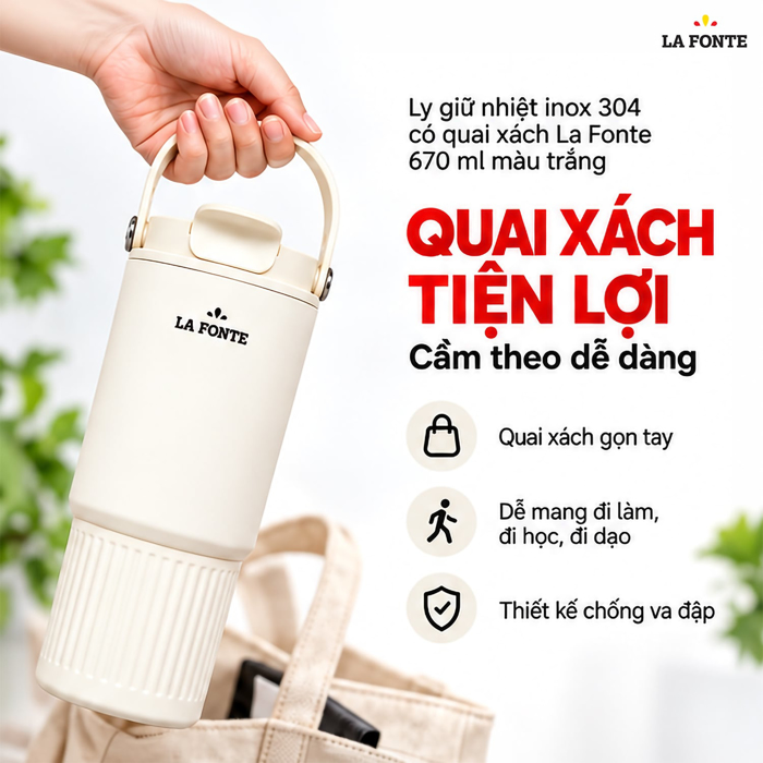 Ly Giữ Nhiệt 670ml Inox 304 Có Quai Xách La Fonte Màu Trắng