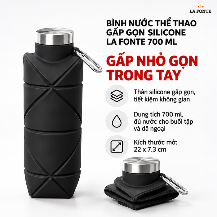 Bình Nước Thể Thao Gấp Gọn Silicone La Fonte 700 ml - đen