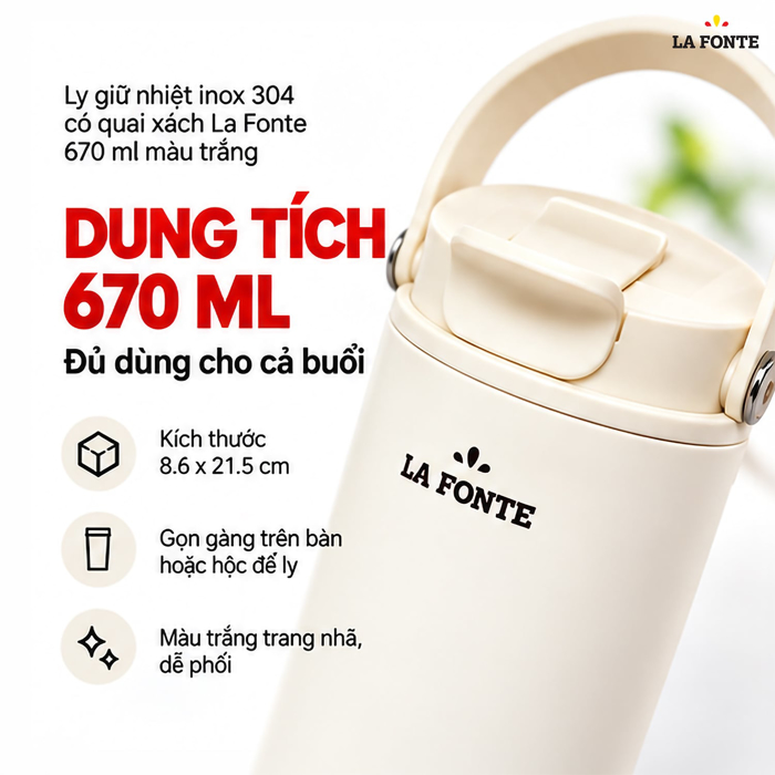 Ly Giữ Nhiệt 670ml Inox 304 Có Quai Xách La Fonte Màu Trắng