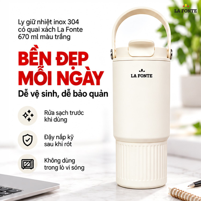 Ly Giữ Nhiệt 670ml Inox 304 Có Quai Xách La Fonte Màu Trắng