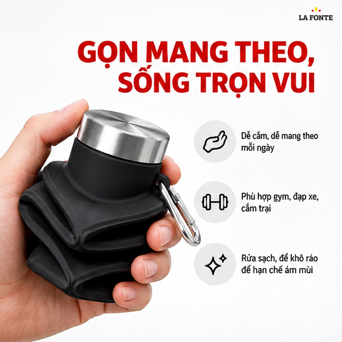 Bình Nước Thể Thao Gấp Gọn Silicone La Fonte 700 ml - đen