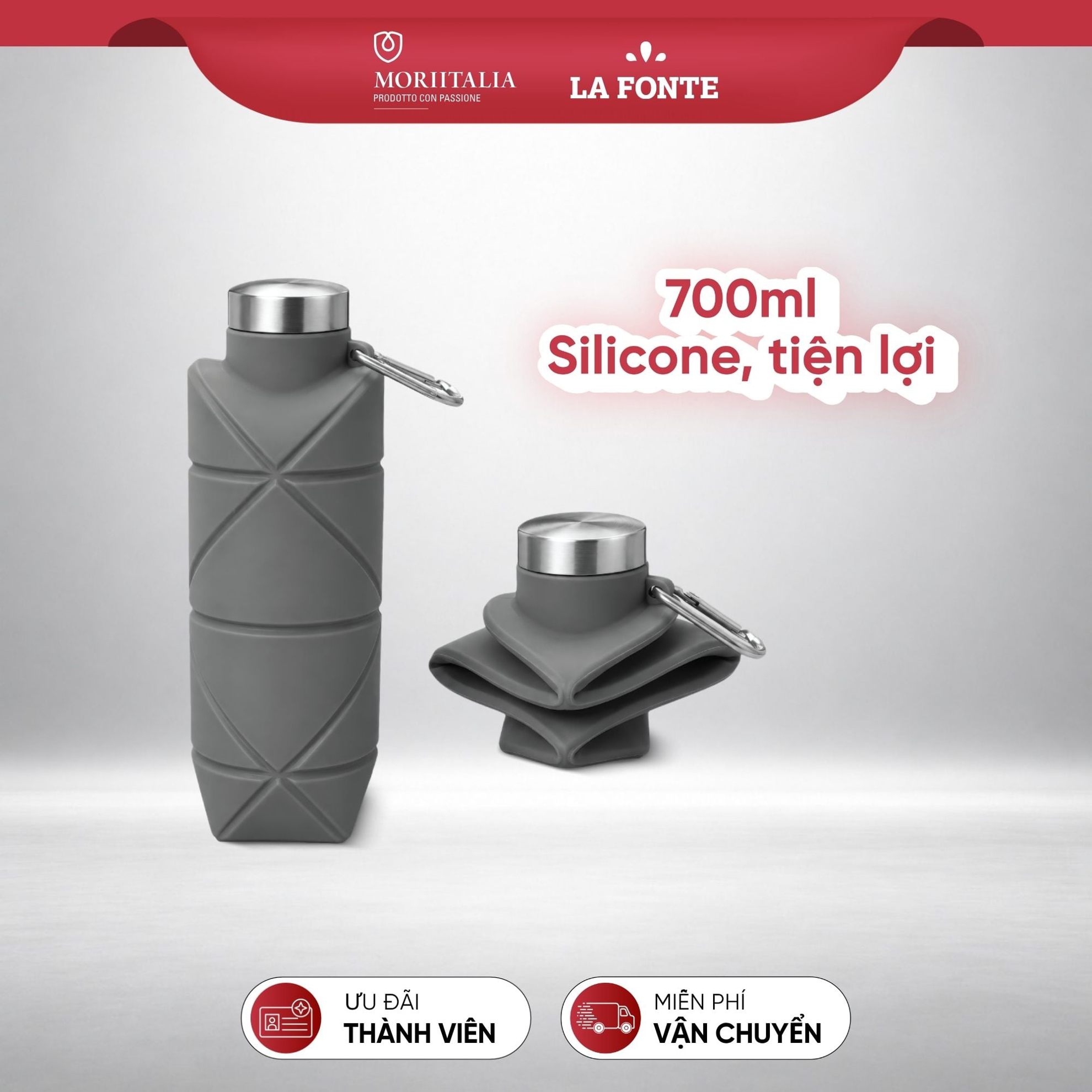 Bình Nước Thể Thao Gấp Gọn Silicone La Fonte 700 ml - Xám