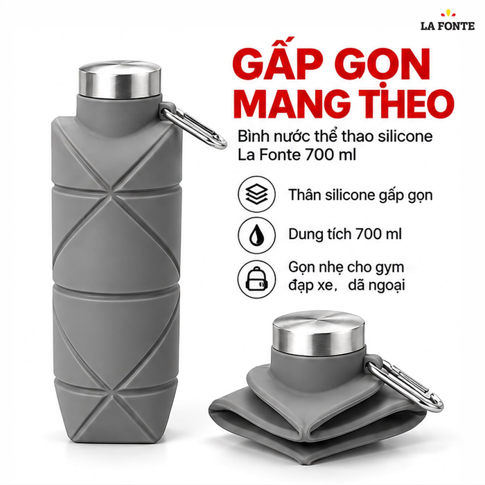 Bình Nước Thể Thao Gấp Gọn Silicone La Fonte 700 ml - Xám