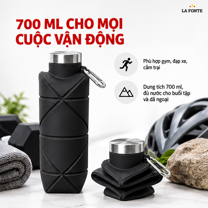 Bình Nước Thể Thao Gấp Gọn Silicone La Fonte 700 ml - đen