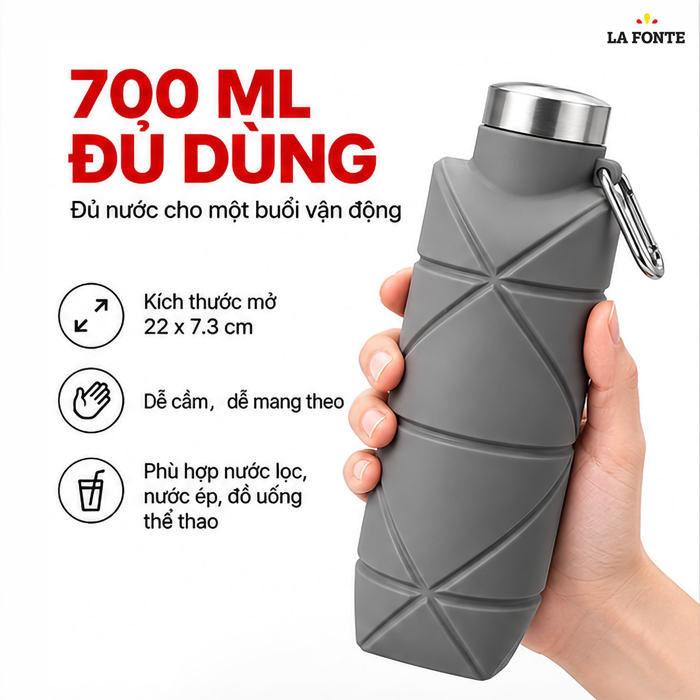 Bình Nước Thể Thao Gấp Gọn Silicone La Fonte 700 ml - Xám