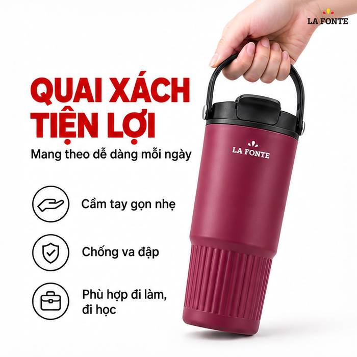 Ly Giữ Nhiệt 670ml Inox 304 Có Quai Xách La Fonte Màu Đỏ
