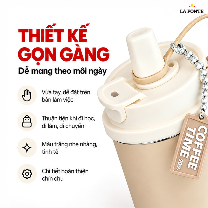 Cốc Giữ Nhiệt 500ml Inox 304 La Fonte Màu Trắng