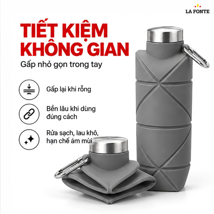 Bình Nước Thể Thao Gấp Gọn Silicone La Fonte 700 ml - Xám