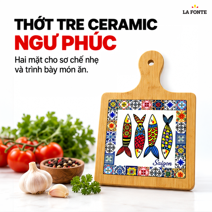 Thớt Tre Ceramic La Fonte Ngư Phúc 18.5 x 28.5 cm – Hai Mặt Tre Ceramic, Đa Năng