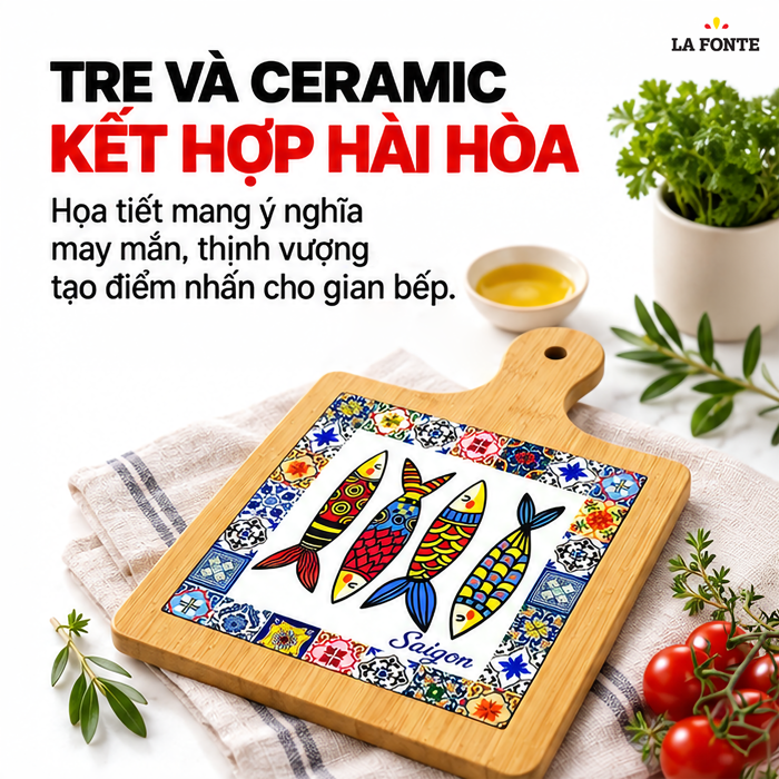 Thớt Tre Ceramic La Fonte Ngư Phúc 18.5 x 28.5 cm – Hai Mặt Tre Ceramic, Đa Năng