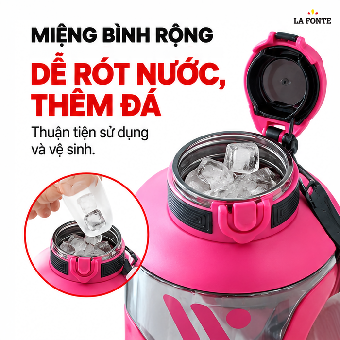 Bình Nước Thể Thao La Fonte 2200 ml Màu Hồng – Tay Cầm Kèm Ống Hút