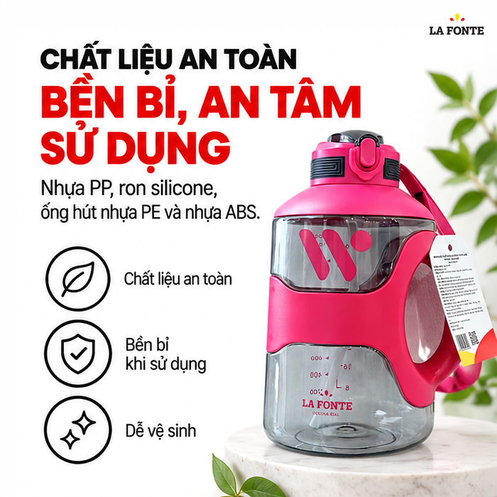 Bình Nước Thể Thao La Fonte 2200 ml Màu Hồng – Tay Cầm Kèm Ống Hút