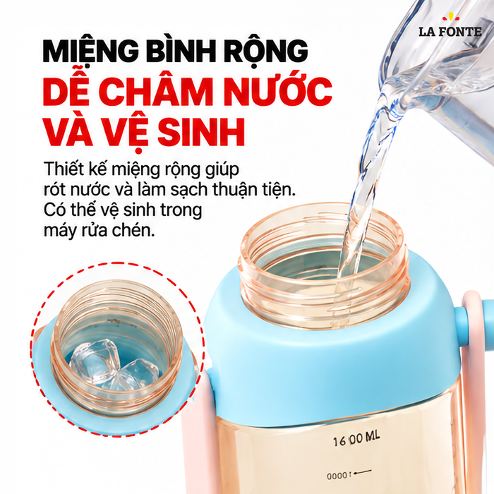 Bình Nước Thể Thao La Fonte 1600 ml Màu Hồng – Tiện Mang Theo Đồ Uống