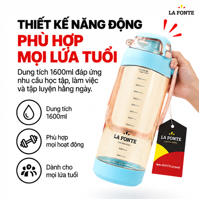 Bình Nước Thể Thao La Fonte 1600 ml Màu Hồng – Tiện Mang Theo Đồ Uống