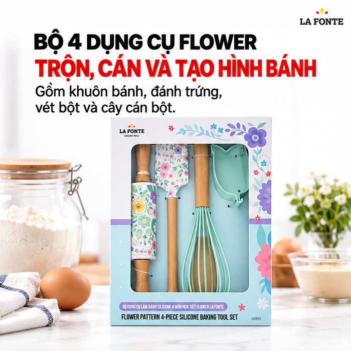Bộ Dụng Cụ Làm Bánh Silicone La Fonte Flower 4 Món – Từ Cán Bột Đến Tạo Hình Bánh