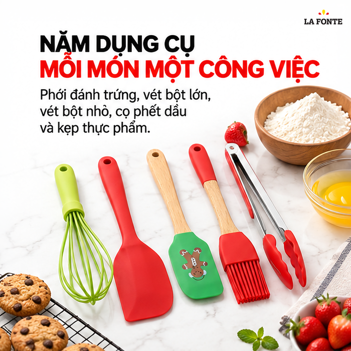 Bộ Dụng Cụ Làm Bánh Silicone La Fonte 5 Món – Trộn, Đánh, Phết Trong Một Bộ