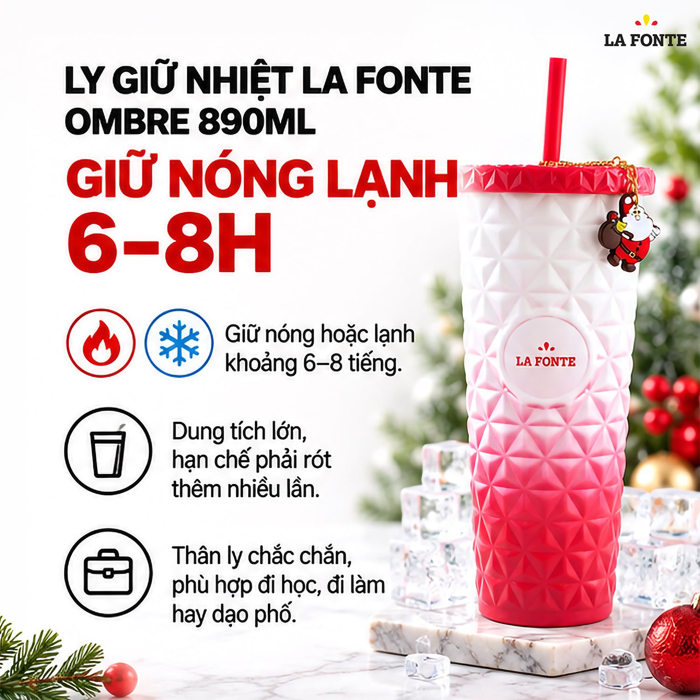 Ly Giữ Nhiệt Ombre Kèm Charm Santa Inox 304 La Fonte 890 ml Màu Đỏ Phối Trắng – Kèm Ống Hút Tiện Dụng
