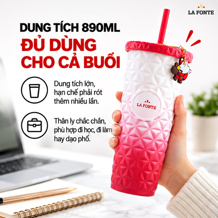 Ly Giữ Nhiệt Ombre Kèm Charm Santa Inox 304 La Fonte 890 ml Màu Đỏ Phối Trắng – Kèm Ống Hút Tiện Dụng
