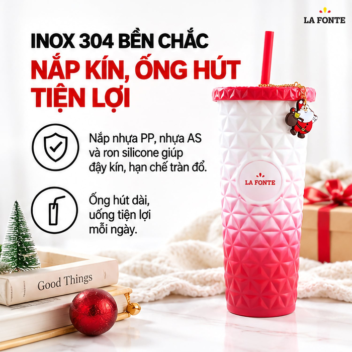 Ly Giữ Nhiệt Ombre Kèm Charm Santa Inox 304 La Fonte 890 ml Màu Đỏ Phối Trắng – Kèm Ống Hút Tiện Dụng