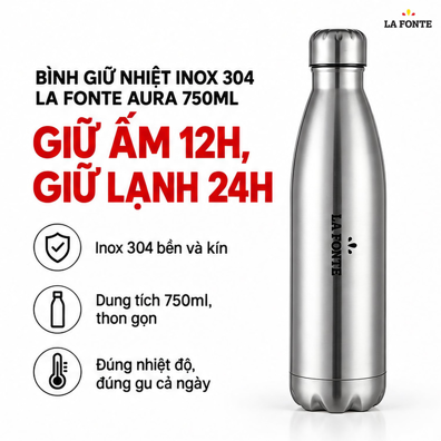 Bình Giữ Nhiệt Inox 304 La Fonte Aura 750 ml Màu Bạc – Giữ Nóng 12 Giờ, Giữ Lạnh 24 Giờ
