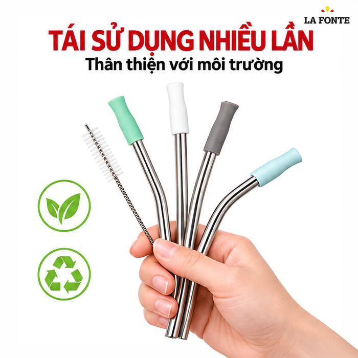 Bộ 4 Ống Hút Inox Kèm Cọ La Fonte – Tiện Dùng Khi Uống