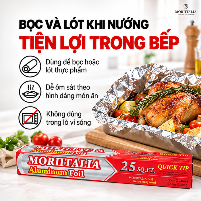 Màng Nhôm Thực Phẩm Moriitalia 30 cm x 7.62 m – Dễ Tạo Hình Khi Bọc Gói