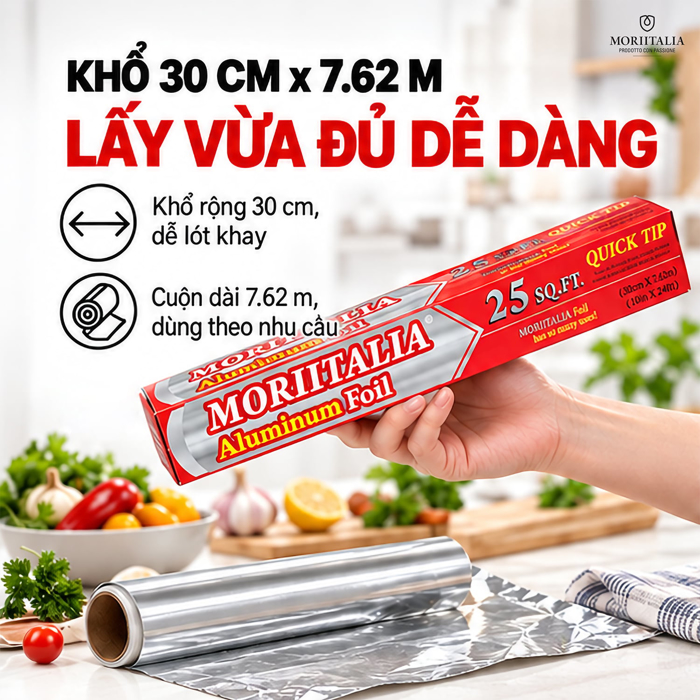 Màng Nhôm Thực Phẩm Moriitalia 30 cm x 7.62 m – Dễ Tạo Hình Khi Bọc Gói