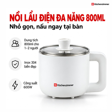 Nồi Lẩu Điện Đa Năng Kuchenzimmer 800 ml, Màu Trắng – Nhỏ Gọn Đa Năng