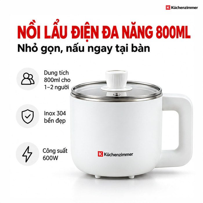 Nồi Lẩu Điện Đa Năng Kuchenzimmer 800 ml, Màu Trắng – Nhỏ Gọn Đa Năng