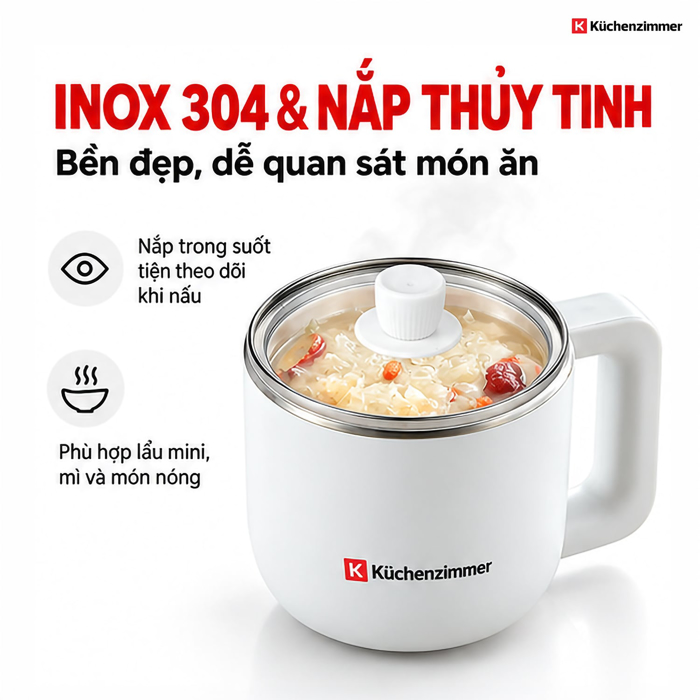 Nồi Lẩu Điện Đa Năng Kuchenzimmer 800 ml, Màu Trắng – Nhỏ Gọn Đa Năng