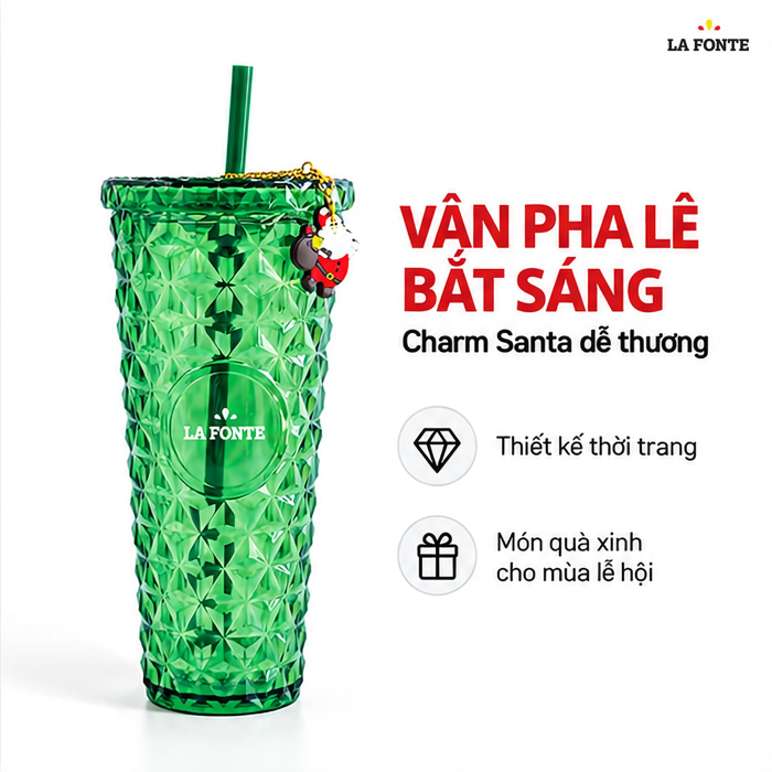 Ly Nhựa 2 Lớp Vân Pha Lê Kèm Charm Santa La Fonte 800 ml Màu Xanh Lá – Vân Pha Lê Kèm Charm Santa