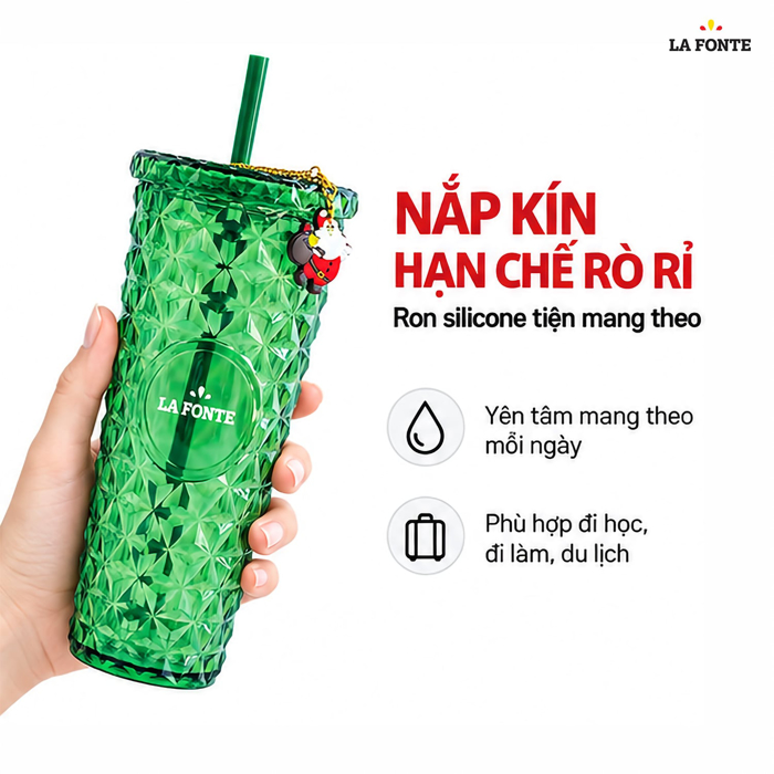 Ly Nhựa 2 Lớp Vân Pha Lê Kèm Charm Santa La Fonte 800 ml Màu Xanh Lá – Vân Pha Lê Kèm Charm Santa