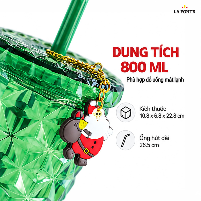 Ly Nhựa 2 Lớp Vân Pha Lê Kèm Charm Santa La Fonte 800 ml Màu Xanh Lá – Vân Pha Lê Kèm Charm Santa
