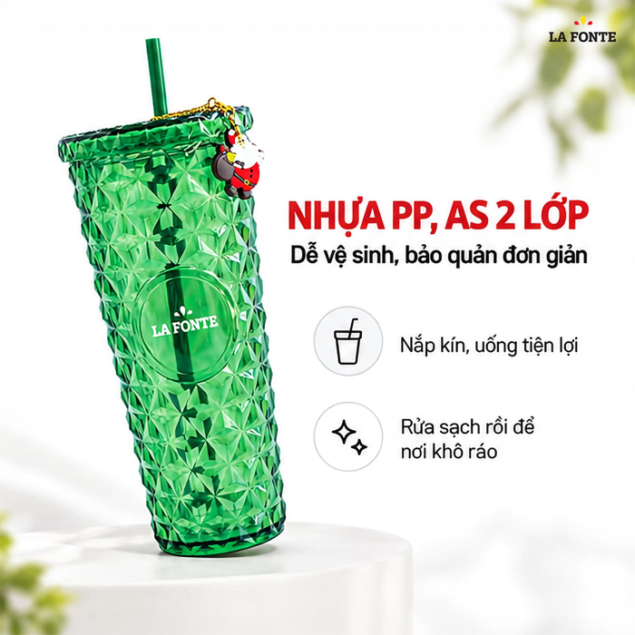Ly Nhựa 2 Lớp Vân Pha Lê Kèm Charm Santa La Fonte 800 ml Màu Xanh Lá – Vân Pha Lê Kèm Charm Santa