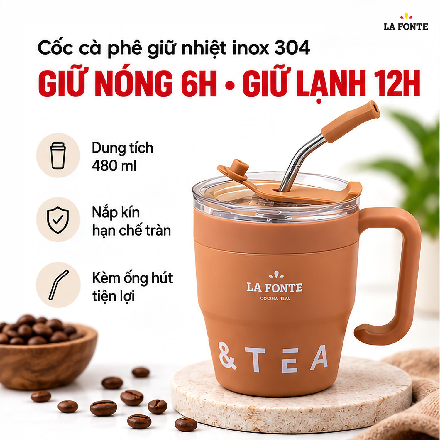 Cốc Cà Phê Giữ Nhiệt Kèm Ống Hút La Fonte 480 ml Màu Nâu – Kèm Ống Hút Tiện Dụng
